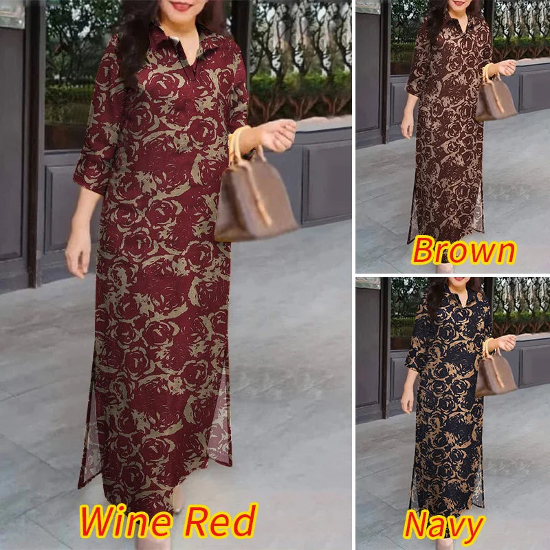 ZANZEA Blumendruck, lässig, lang, Vestidos, reine Baumwolle, Vintage-Stil, Schlitz am Saum, 2024, Herbst-Hemdkleid, 3/4-Ärmel, Damen-Urlaubs-Maxikleid
