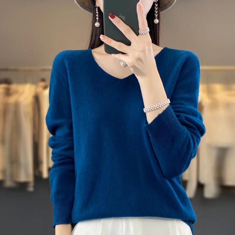 2024 100% Merino Reine Wolle V-ausschnitt Herbst Und Winter Pullover Pullover Neue Kaschmir Pullover frauen Beiläufige Gestrickte Top DMR201