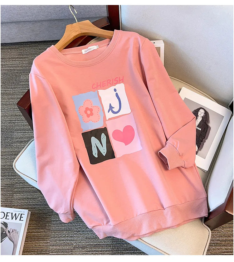 175kg plus size Damen büste Frühling Herbst lose Langarm bedrucktes Sweatshirt Top schwarz rosa 6xl 7xl 8xl 9xl 10xl 11xl