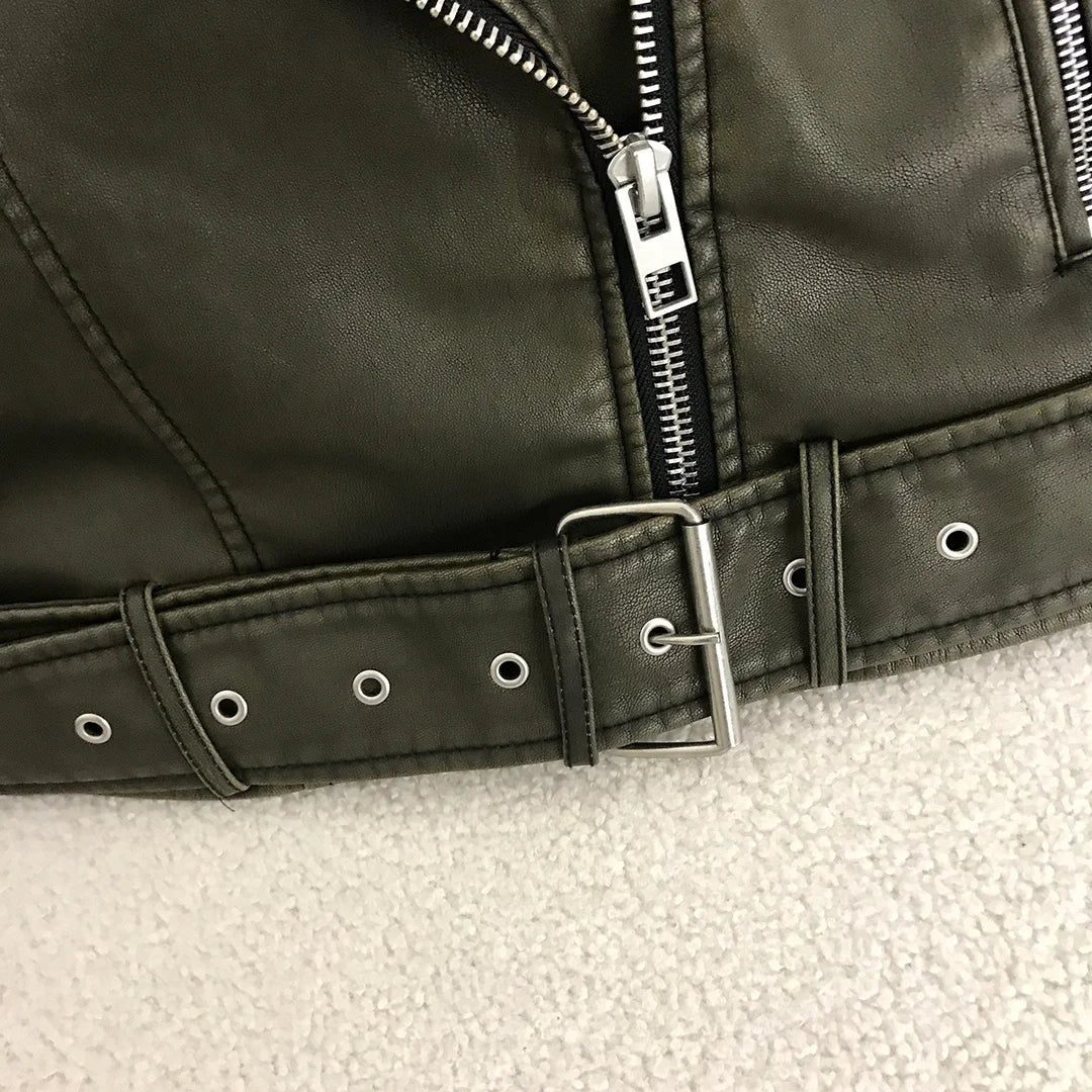Neue Frühjahr Frau Faux Leder Jacke Chic Vintage Amerikanische straße tragen Kurze Revers Zipper Gürtel Biker Mäntel Mode Streetwear