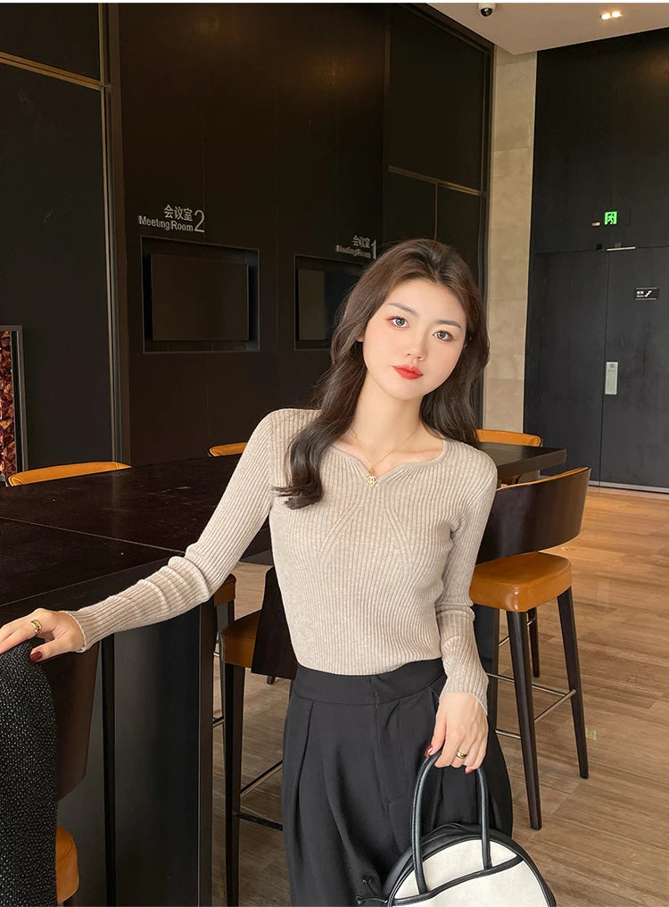 2025 grundlegende V-ausschnitt Chic Herbst Winter Pullover Frauen Weibliche Gestrickte Rippen Pullover Dünne Lange Hülse Badycon Hohe Qualität Pullover