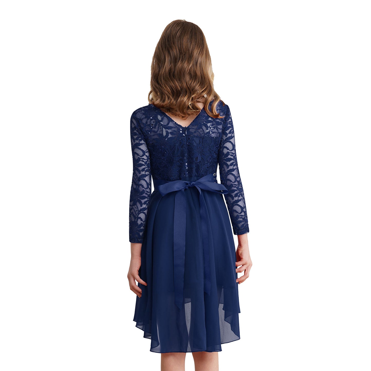 Elegantes Spitzen-Partykleid für Kinder, Mädchen, Chiffon, Spleißen, langärmelig, Kleid mit hohem und niedrigem Saum und Strass-Schärpe für Hochzeit, Geburtstag