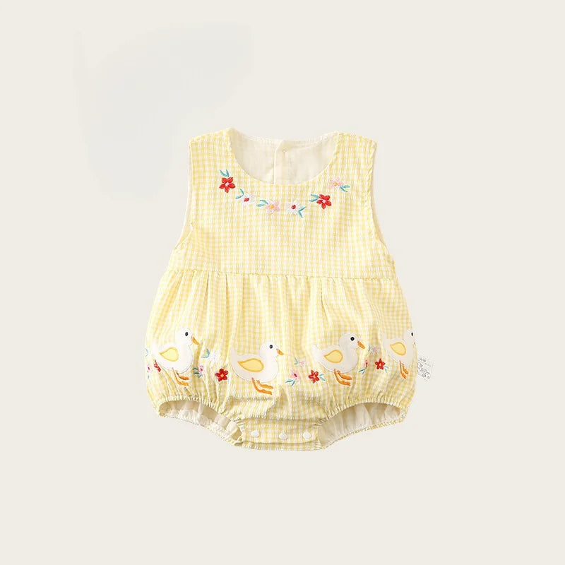 0–2 Jahre Neugeborene Kinder, bezaubernder Baby-Mädchen-Strampler aus Baumwollgaze, gelb kariert, bezauberndes besticktes Enten-Design – weich und süß