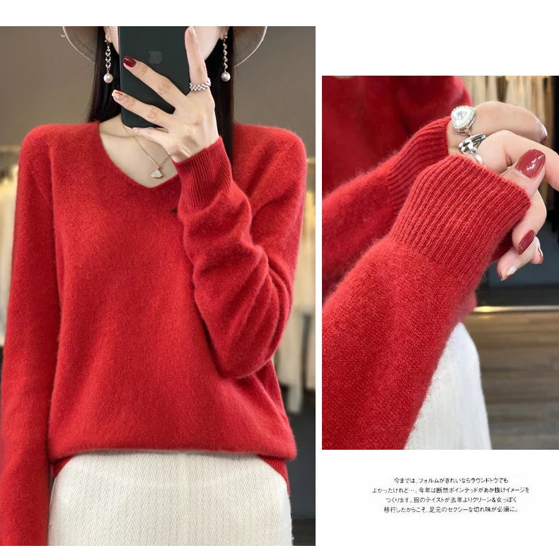 2024 100% Merino Reine Wolle V-ausschnitt Herbst Und Winter Pullover Pullover Neue Kaschmir Pullover frauen Beiläufige Gestrickte Top DMR201