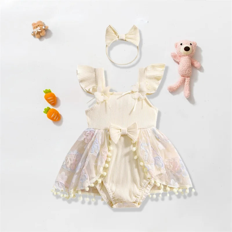 0-18M Kleinkind Baby Mädchen Sommer Strampler Kleid Nette Rüschen Ärmellose Square Neck Blume Body mit Stirnband Set neugeborene Kleidung