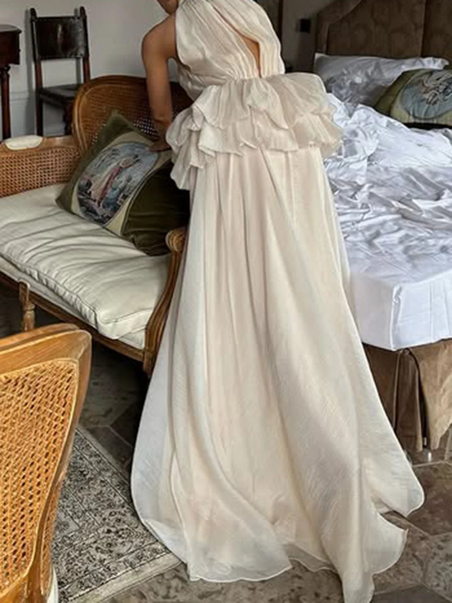 VGH Solide Abend Gespleißt Rüschen Maxi Kleider für Frauen High Neck Ärmellose Tunika Temperament Zeremonie Kleid Weibliche Kleidung