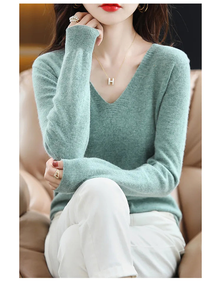 Herbst Winter Frauen Pullover 2025, Koreanische Mode Strickwaren Warme Lange Hülse V-ausschnitt Stricken Pullover Slim Fit Bodenbildung Shirt Jumper