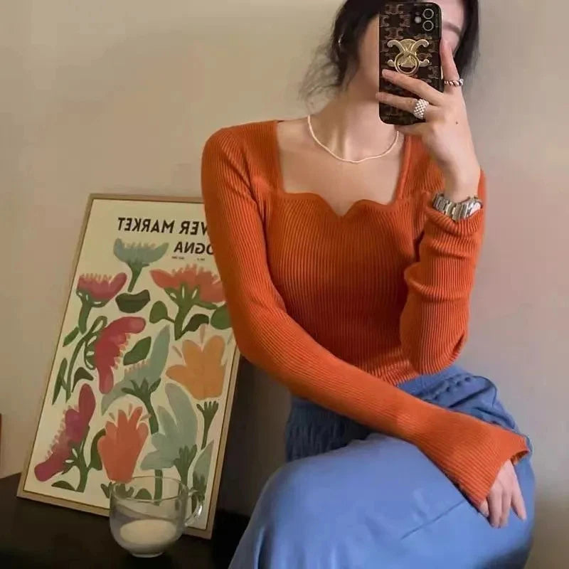 Gestrickte Pullover Frauen Vintage Solide Pullover Herbst Winter Koreanische Elegante Dünne Strickwaren Quadrat Kragen Alle Spiel Jumper Neue
