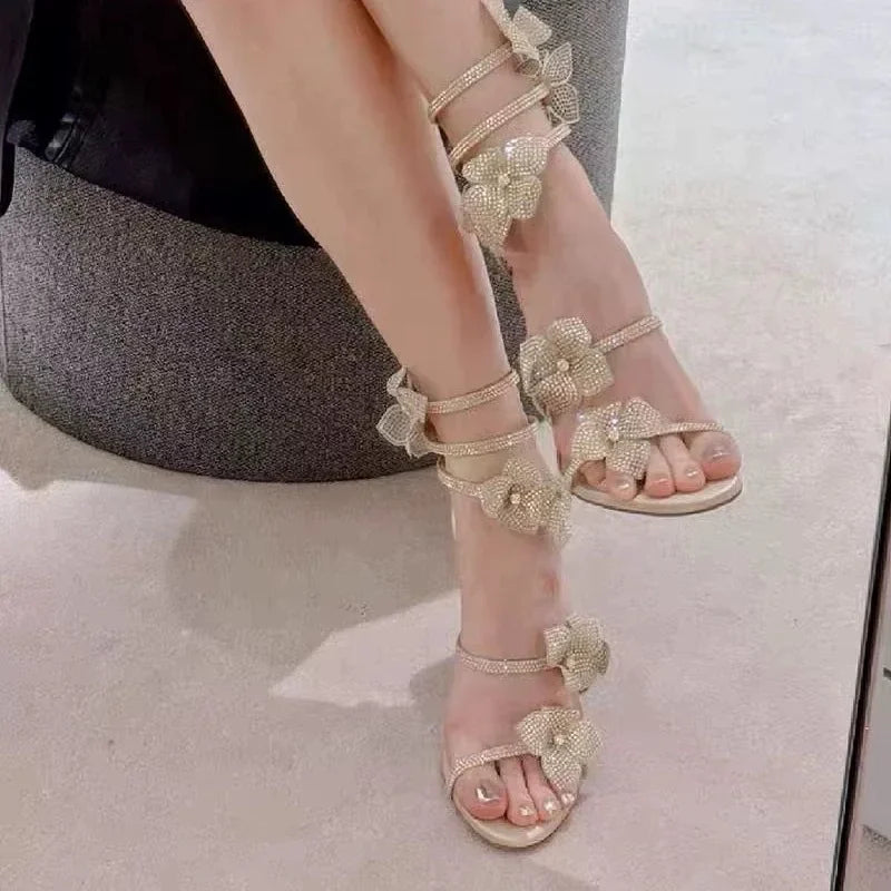 CHMURY Pink Flower Rhinestone High Heels Sandals Shoes Sexy Rose Red Luxury Designer with Wrap Strap for Women Prom Party 2024.