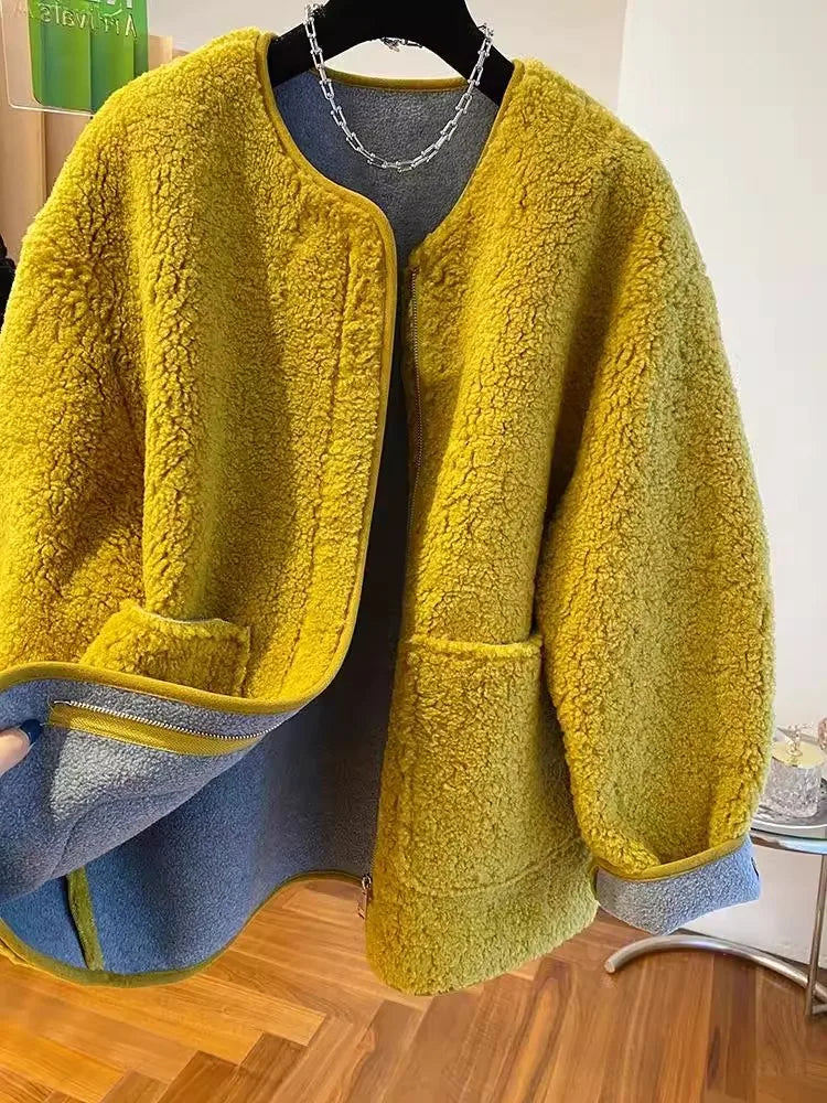 Hochwertige Lammwolljacke für Damen, lockerer warmer Samtmantel, 2025, neuer Frühling und Herbst, große Taschen, modische Oberbekleidung, M-3XL