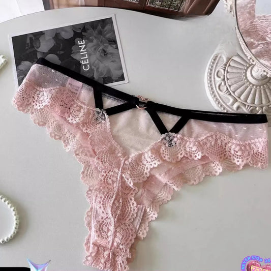 SP&CITY Thin Lace Embroidery Sexy Thongs Love Metal Transparent Women's Underwear Soft Cotton Crotch Hollow Out Panties Tanga.