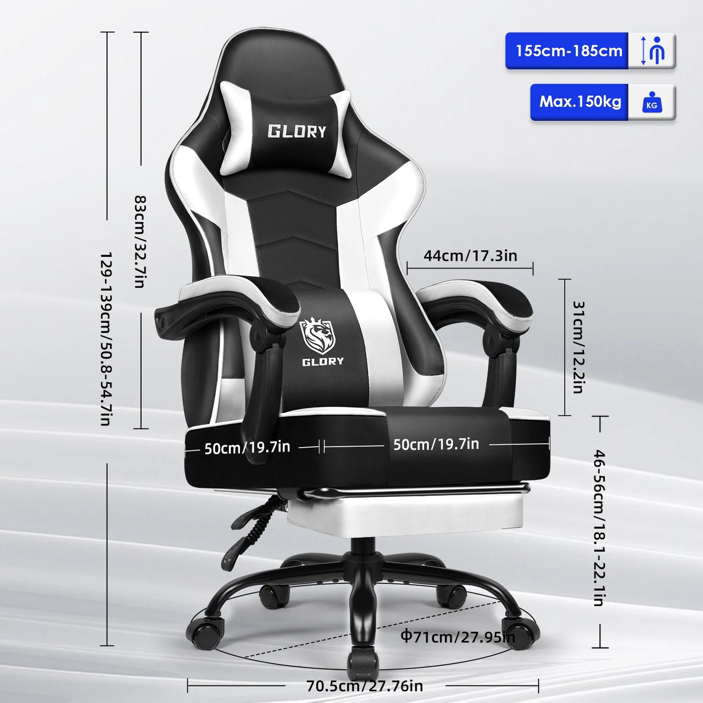 Daccormax Ergonomischer Gaming-Stuhl mit verstellbarer Lordosenstütze und Kopfstütze, Design mit hoher Rückenlehne + faltbarer Fußstütze für PC-Gamer