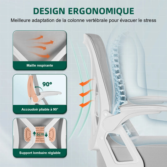 AUTHMIC Ergonomischer Netz-Bürostuhl mit Lordosenstütze, hochklappbaren Armlehnen, verstellbarer und höhenverstellbar für den Schreibtisch zu Hause – Grau
