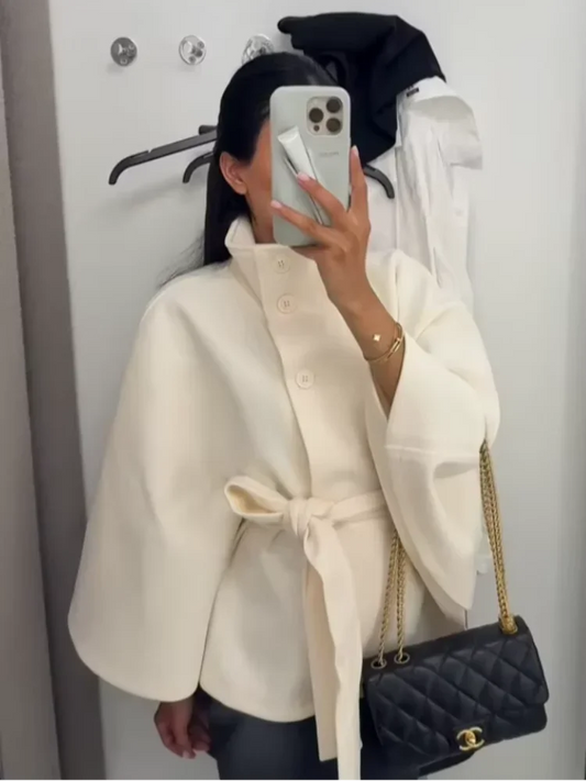 Damen-Jacke aus Wolle mit weißem Bund, elegant, langärmelig, Stehkragen, einreihig, Oberbekleidung, 2025, neuer Straßen-Outdoor-Mantel.