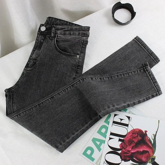 Black Grey Jeans Women's Spring Autumn Winter High-Waisted Petite Stretchy Tight Small Footed Pants Slimming Pencil Leggings.