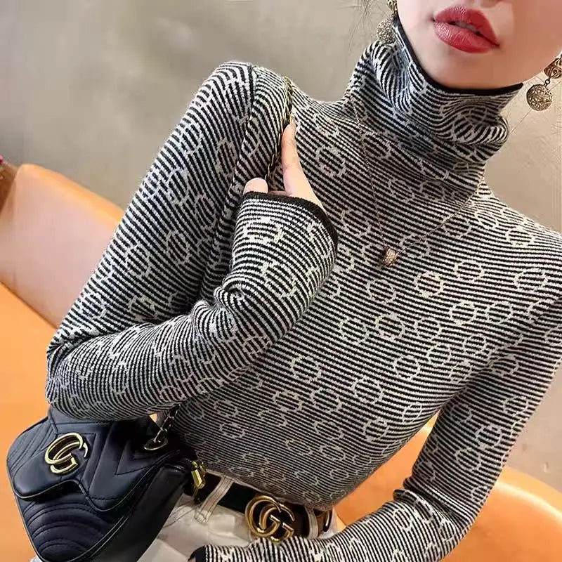 Frauen Kleidung Chic Gestreiften Schlank Rollkragen Pullover Herbst Winter Vintage Alle-spiel Lange Ärmel Stricken Pullover Büro Dame Tops