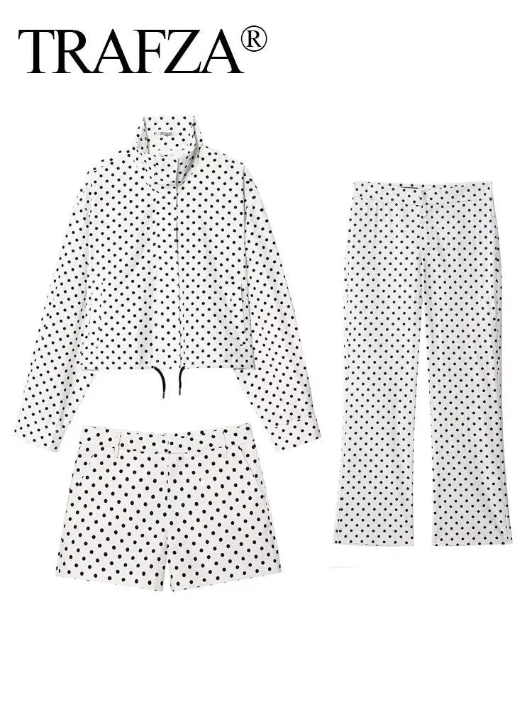 TRAFZA Herbst Polka Dot Gedruckt Jacke Für Frauen Lange Ärmel Rollkragen Zipper Mit Taschen Kordelzug Lose Vintage Mäntel