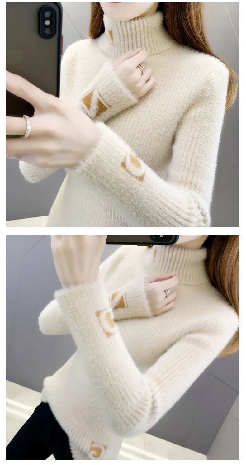 Hoher Kragen Pullover Pullover Frauen Nerz Brief Jacquard Unterlage Solide Western Stricken Unterwolle Herbst Winter Pullover Pullover
