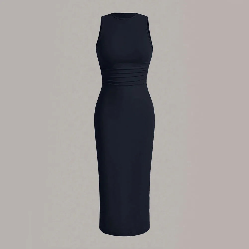 Mia Muse Damenkleider für alle Jahreszeiten, minimalistisch, schlicht, ärmellos, Rundhalsausschnitt, Wickel-MIDI-Partykleider