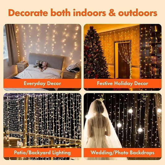300 LED-Vorhang-Lichterkette, 8 Modi, USB-Stecker, Kupferdraht, Lichterkette für Schlafzimmer, Fenster, Weihnachten, Hochzeit, Party, warmweiß.