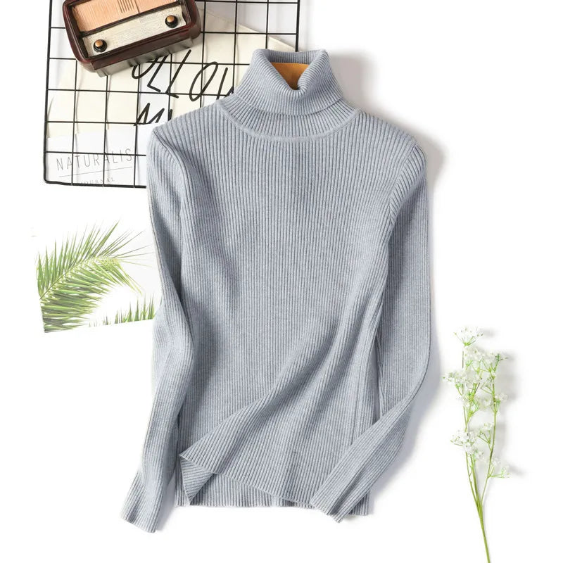 Neue Herbst Winter Frauen Gestrickte Rollkragenpullover Casual Weiche Polo-neck Jumper Mode Schlanke Elastizität Solide Rippen Pullover