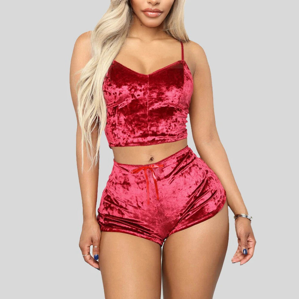 Damen-Unterwäsche-Set aus Samt und Polyester, bequem, V-Ausschnitt, Camisole + Shorts, Pyjama-Set, Heimkleidung, ärmelloses Oberteil, Shorts