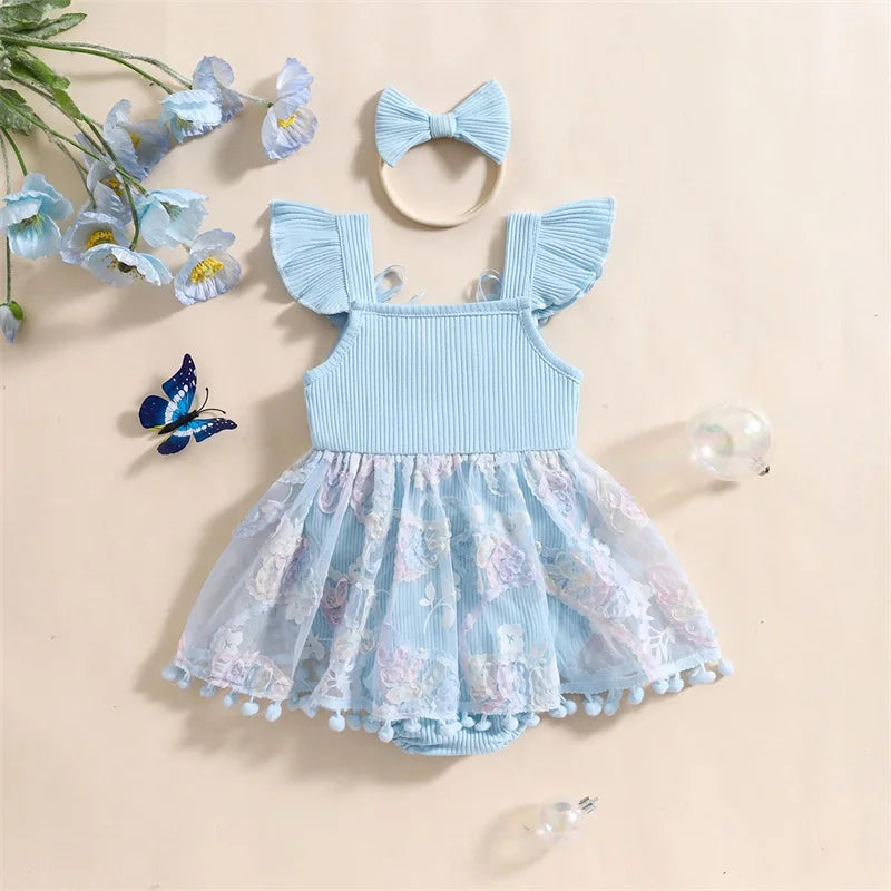 0-18M Kleinkind Baby Mädchen Sommer Strampler Kleid Nette Rüschen Ärmellose Square Neck Blume Body mit Stirnband Set neugeborene Kleidung