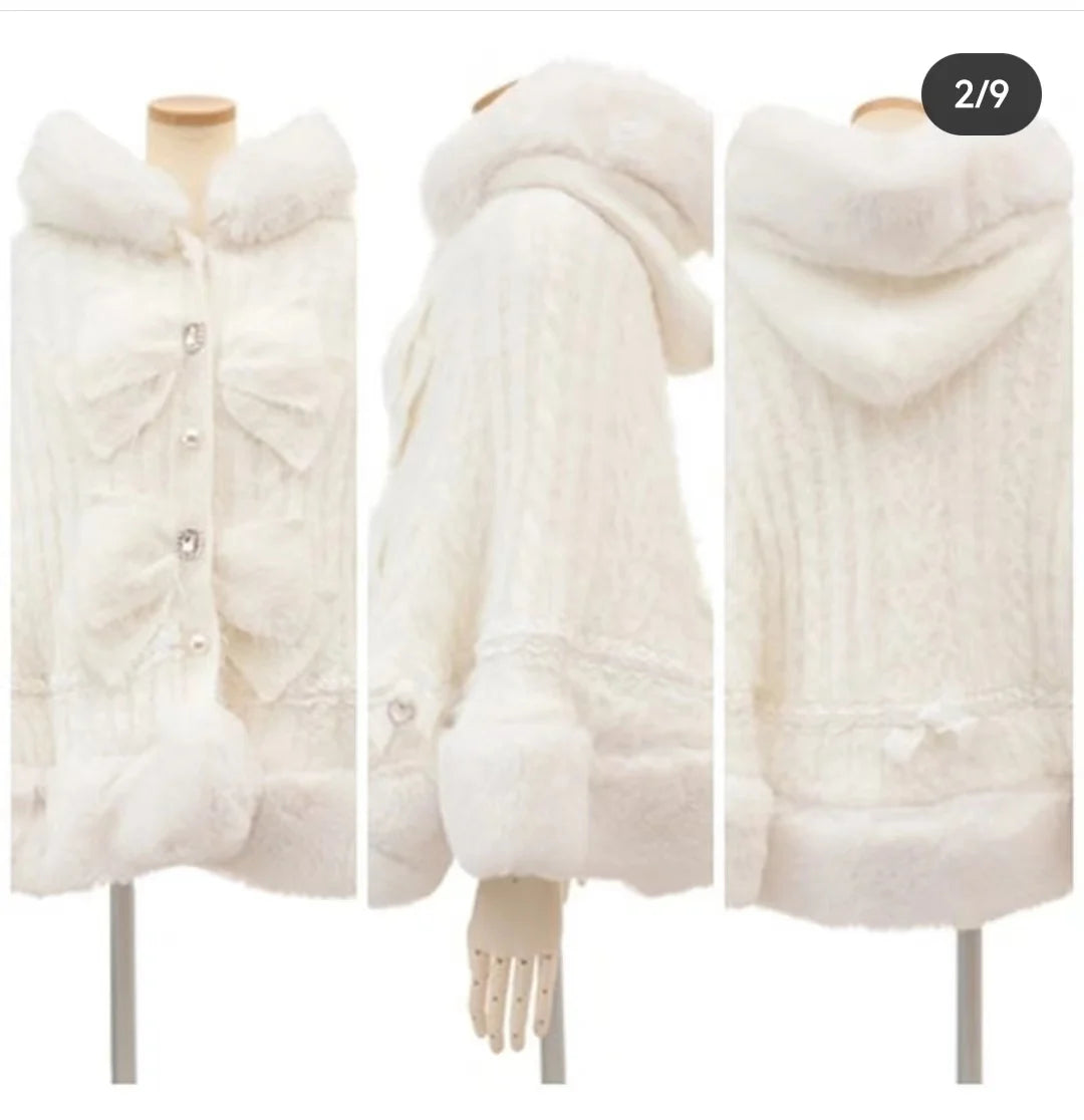 Japanische Liz Süße Prinzessin Faux Kaninchen Fell Cape Mantel Frauen Herbst Winter Pelz Jacke Lose Uhr Strass Bogen Mit Kapuze Mantel
