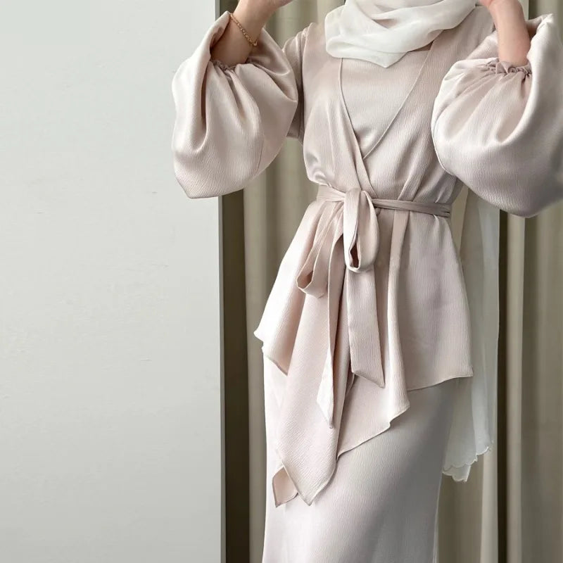 2-teiliges Saudi-Arabien muslimisches Damen-Abaya-Kleid aus Satin für Damen, Islam, Dubai, Urlaub, bescheidene Kleidung, 2024, elegante türkische Robe