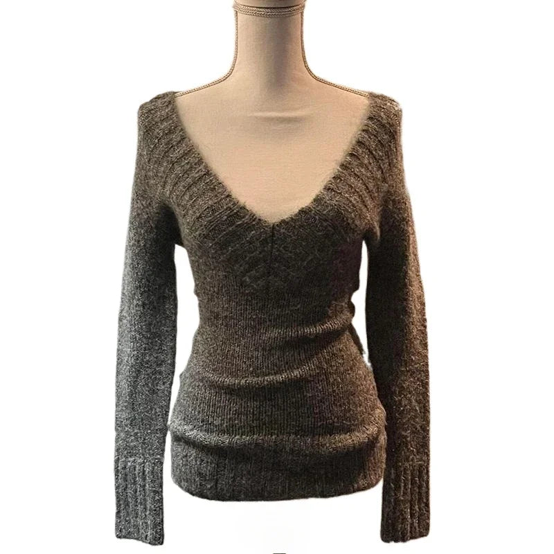 Deeptown Sexy Gestrickte Pullover Frauen V-ausschnitt Vintage Frühen Y2k Grunge Pullover Mujer Herbst Mode Langarm Pullover Schlank