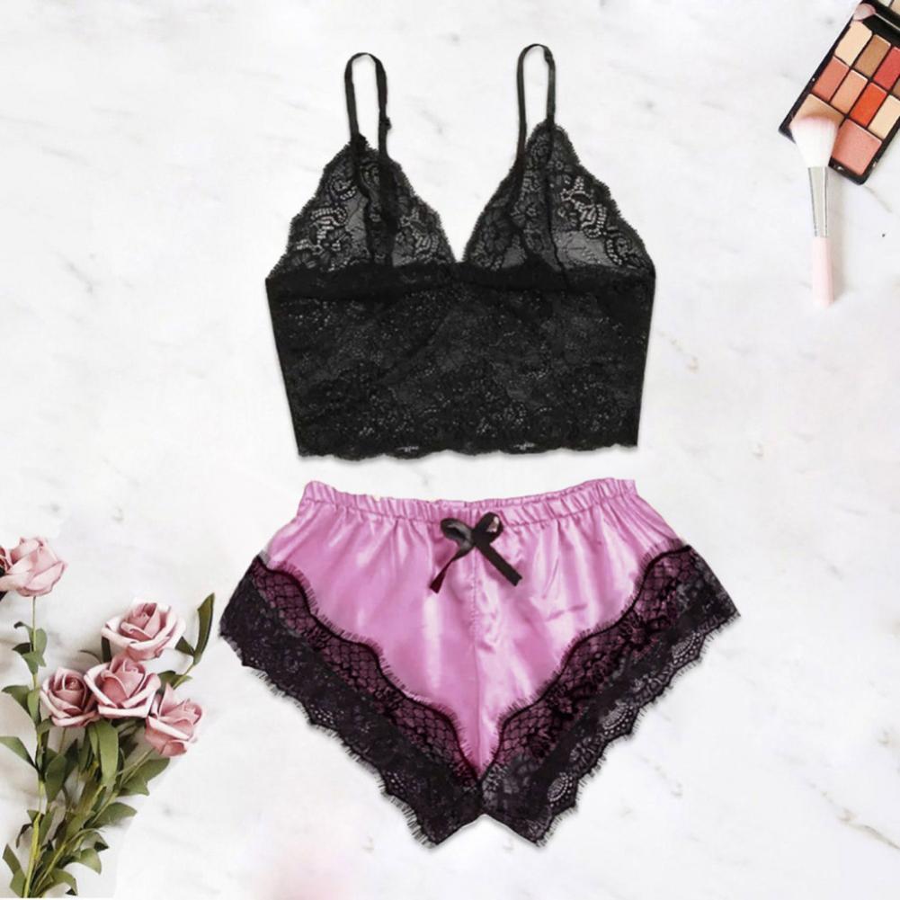 Spaghetti träger Shorts Frauen Nachtwäsche Set elastisch einfarbig weibliche Leibchen Shorts Spitze Frauen Nachtwäsche Set