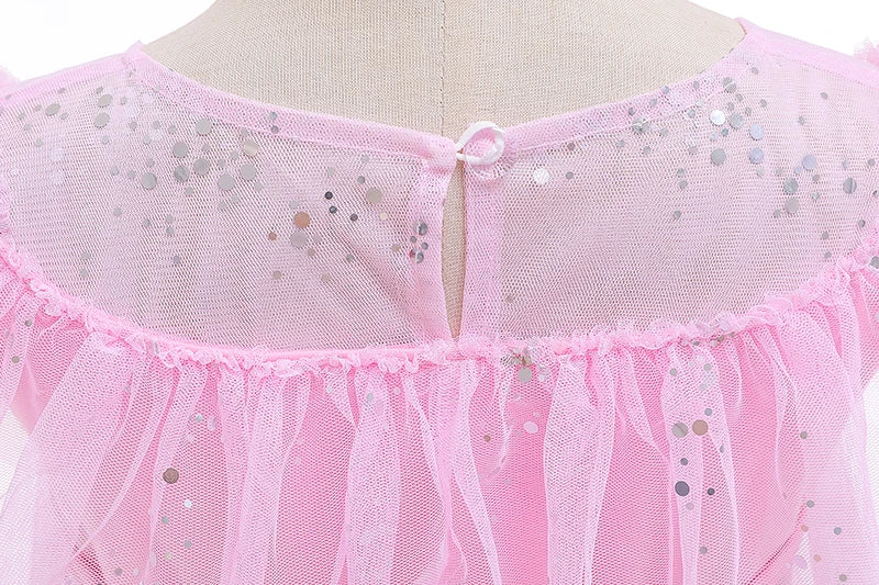 Mädchen rosa Pailletten Mesh Prinzessin Kleid, Mesh kurze Ärmel, mit Umhang, geeignet für Party, Tanz, Performance, Karnevals kleid