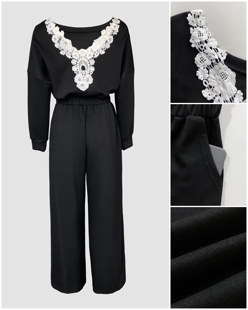 Women's Backless Lace Contrast Detail Jumpsuit Drop Shoulder Long Sleeve Casual Elastic Waist Wide Leg Overalls.