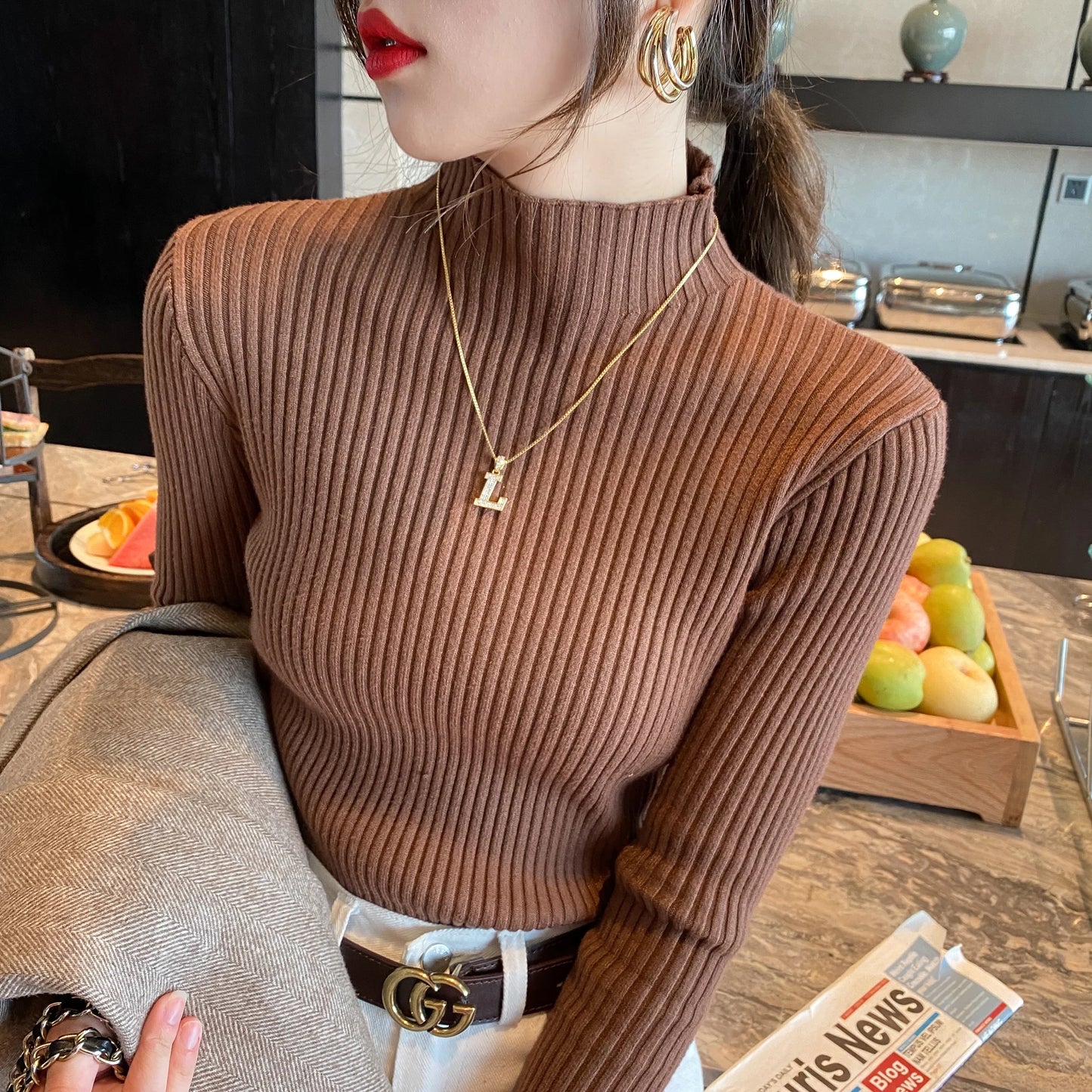 Winter Langarm Mock Neck Gestrickte Frauen Pullover Pullover Schlank Stricken Pullover Frauen Tops Blusas Mujer De Moda 2024 Blusa J995