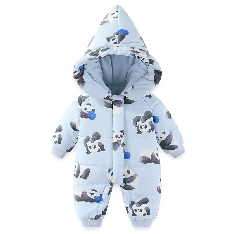 Body für Neugeborene und Mädchen, verdickter, wasserdichter, bedruckter Schneeanzug, 0–24 Monate, Kleinkind-Jungen-Overall mit Kapuze, warmes Winter-Einteiler-Outfit