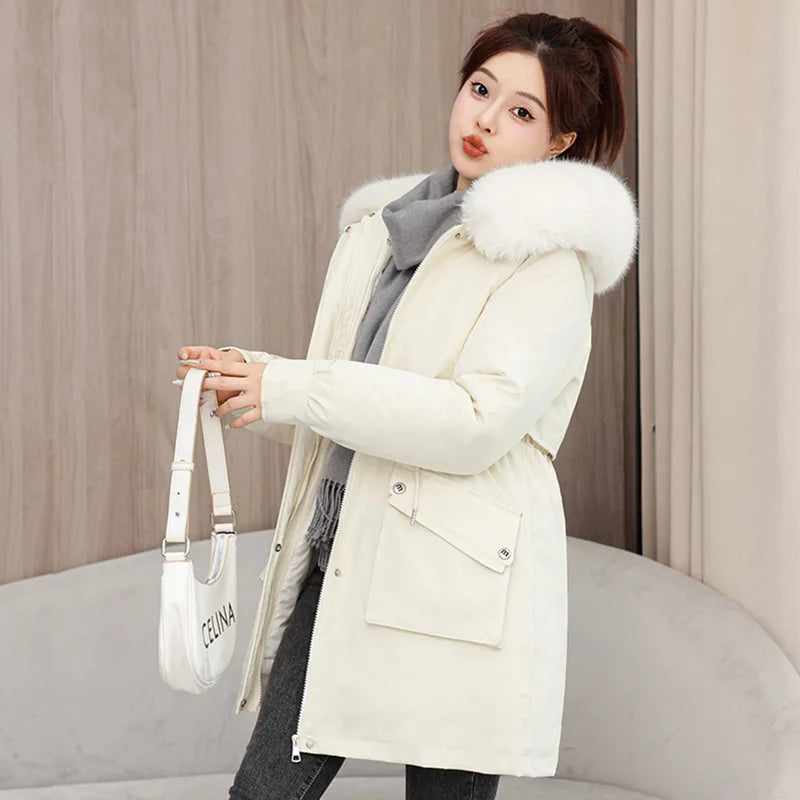 Winter dame Winter Stepp Mantel Abnehmbare Futter Pelz Kragen Gürtel Parka Jacke Für Frauen Verdickt Thermische frauen Mantel