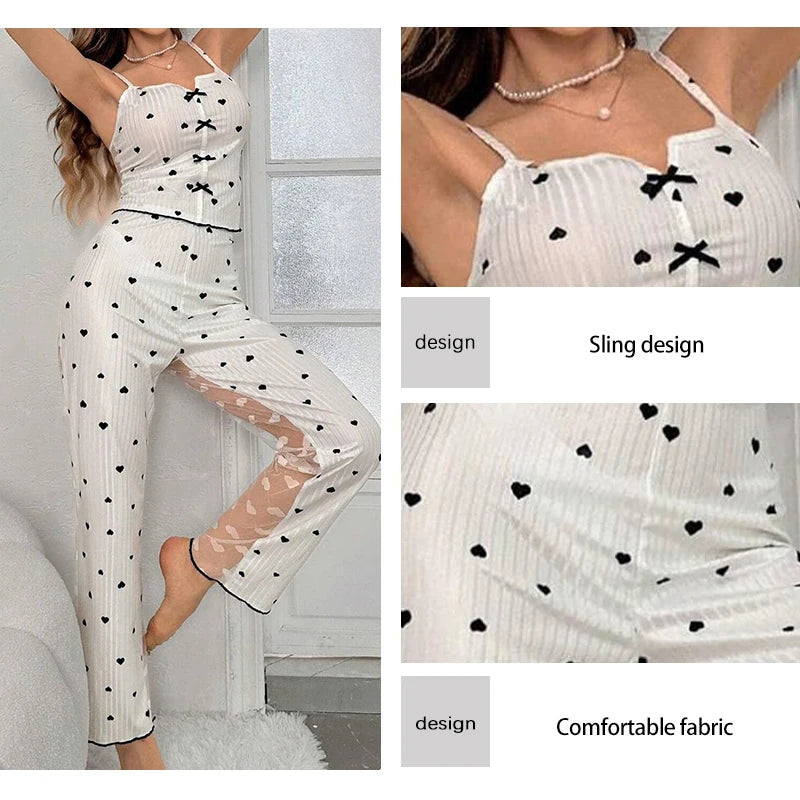 2-teiliges Damen-Set aus sexy transparenter Mesh-Spitze mit geripptem, bedrucktem Trägeroberteil und Hose, Heimkleidung, Pyjama-Set