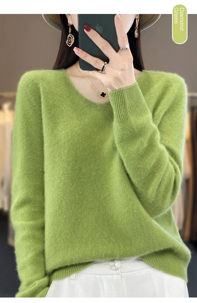 2024 100% Merino Reine Wolle V-ausschnitt Herbst Und Winter Pullover Pullover Neue Kaschmir Pullover frauen Beiläufige Gestrickte Top DMR201