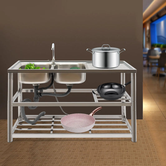 Freistehende Edelstahl Doppels ch üssel gewerbliche Küchen spüle Set mit Wasserhahn Abtropffläche mit/Werkbank & Doppel regale