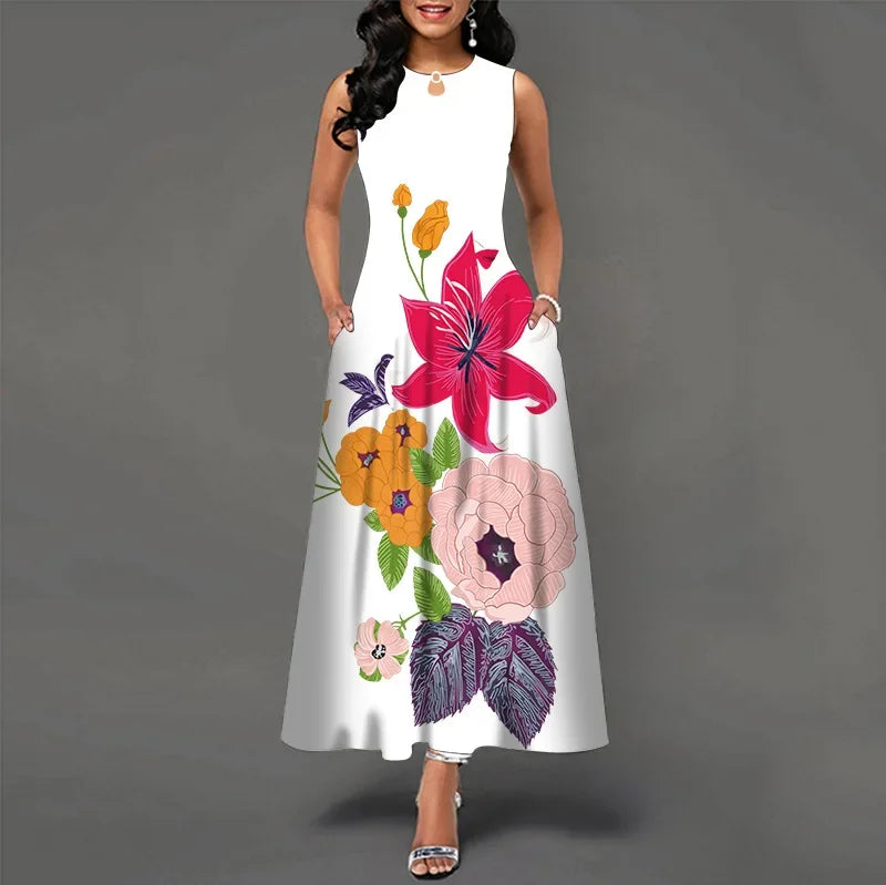 Blumendruck Neues lässiges ärmelloses langes Kleid Damen V-Ausschnitt bedrucktes Kleid Swing Bohemian Retro Kleider