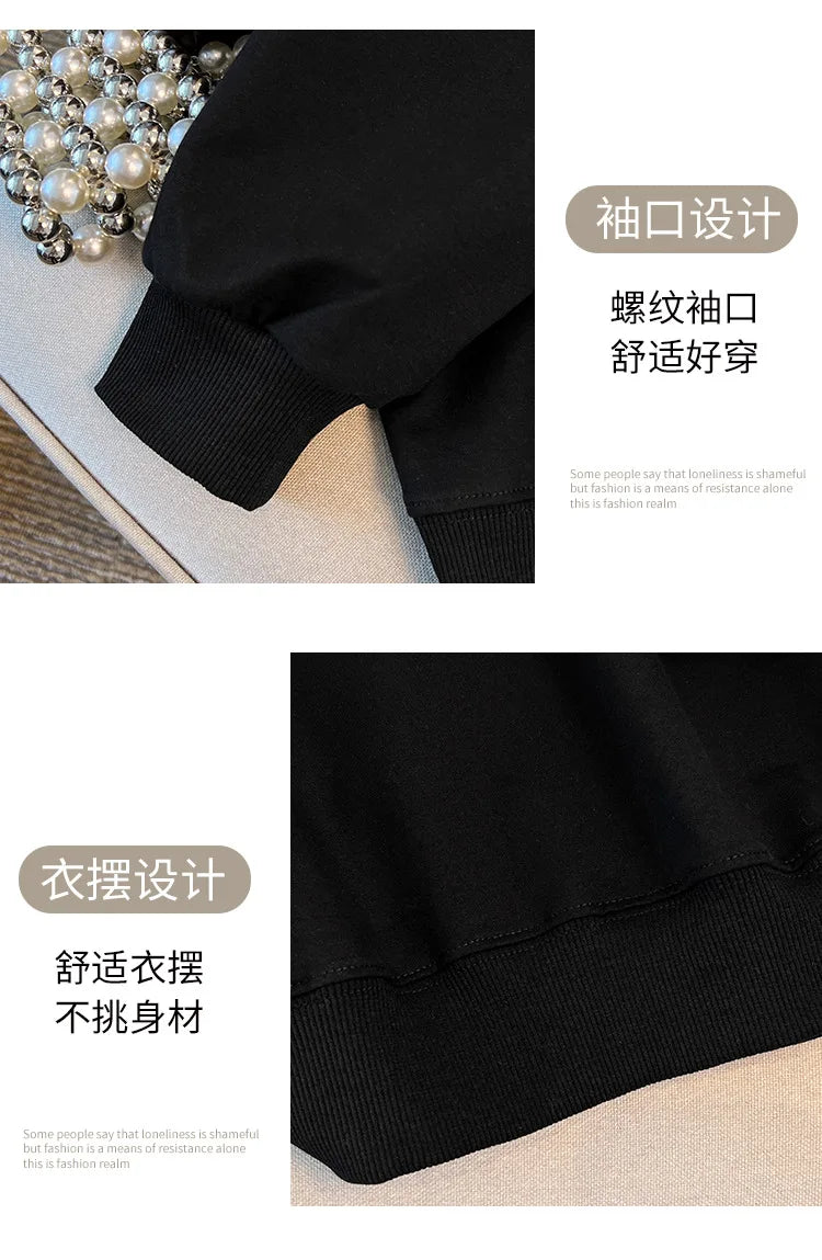 170 kg Plus Size Damen-Büste 170 Frühling Herbst Loose Diamond Collared Sweatshirt Schwarz 4XL 5XL 6XL 7XL 8XL 9XL