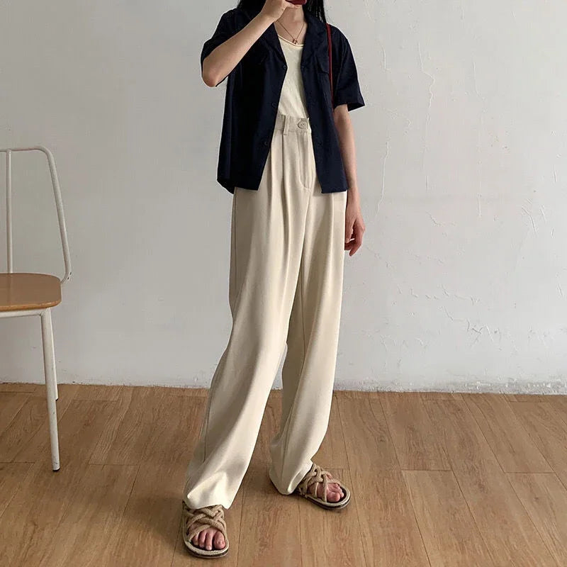 Hohe Taille Frauen Anzug Hosen fallen gerade Büro Damen koreanische Mode Hosen lässig Knopf lose weibliche schwarze Hosen neue 2024