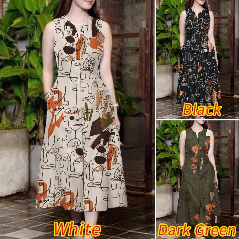 ZANZEA Elegante Damen-Midikleider, Sommer, ärmellos, Party-Sommerkleid, stilvoll, V-Ausschnitt, Urlaub, Arbeit, Vestidos, bedruckt, A-Linien-Kleid