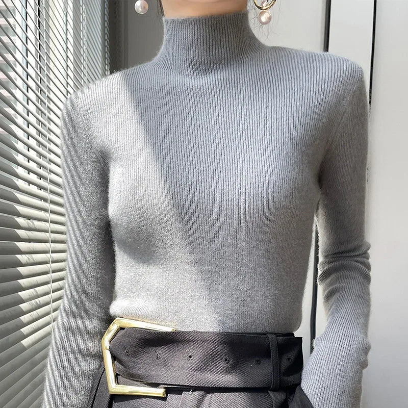Herbst Winter Frauen Pullover Slim Fit Hohe Strecth Pullover Langarm Inneren Tragen Mock Neck Gestrickte Tops Koreanische Mode Jumper