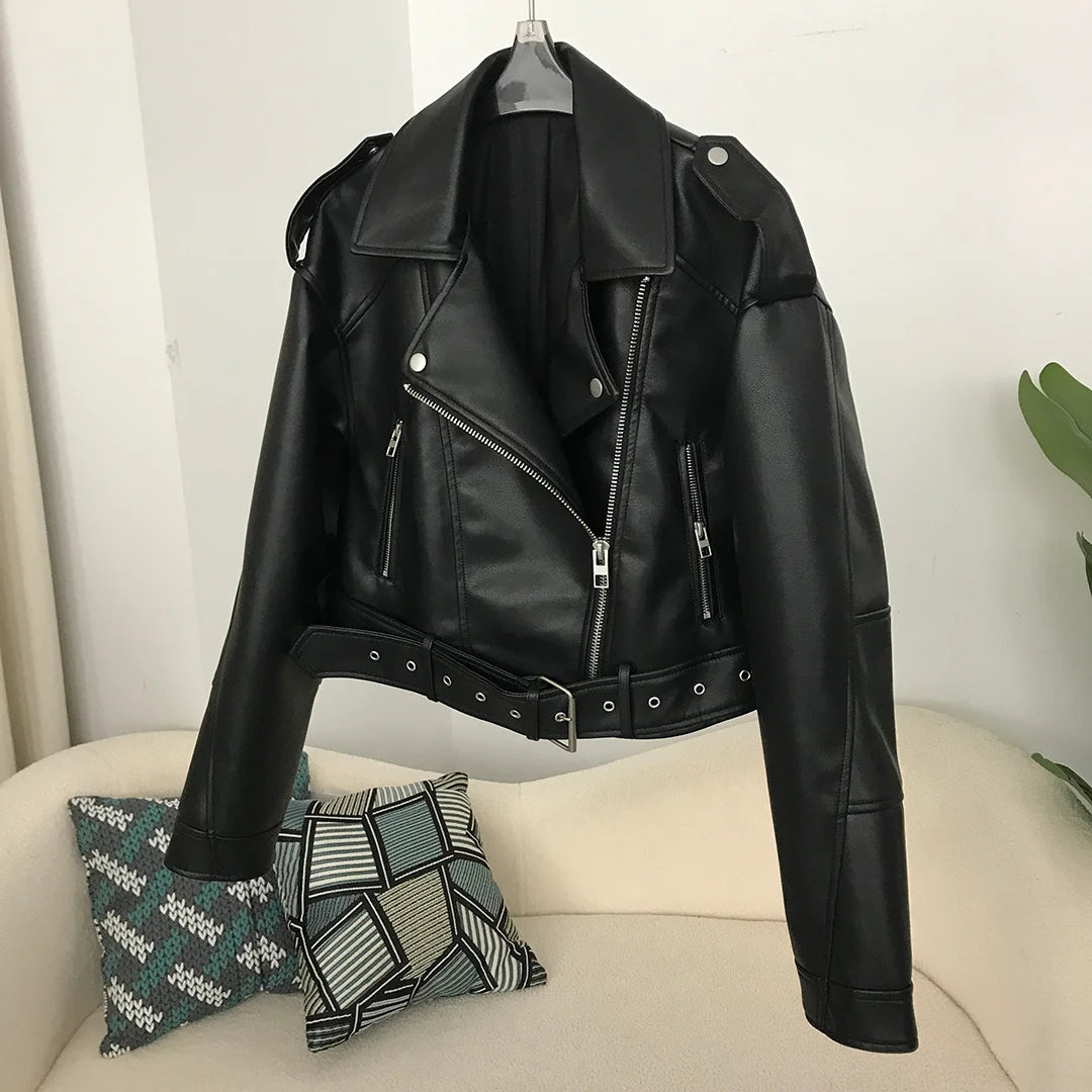 Neue Frühjahr Frau Faux Leder Jacke Chic Vintage Amerikanische straße tragen Kurze Revers Zipper Gürtel Biker Mäntel Mode Streetwear