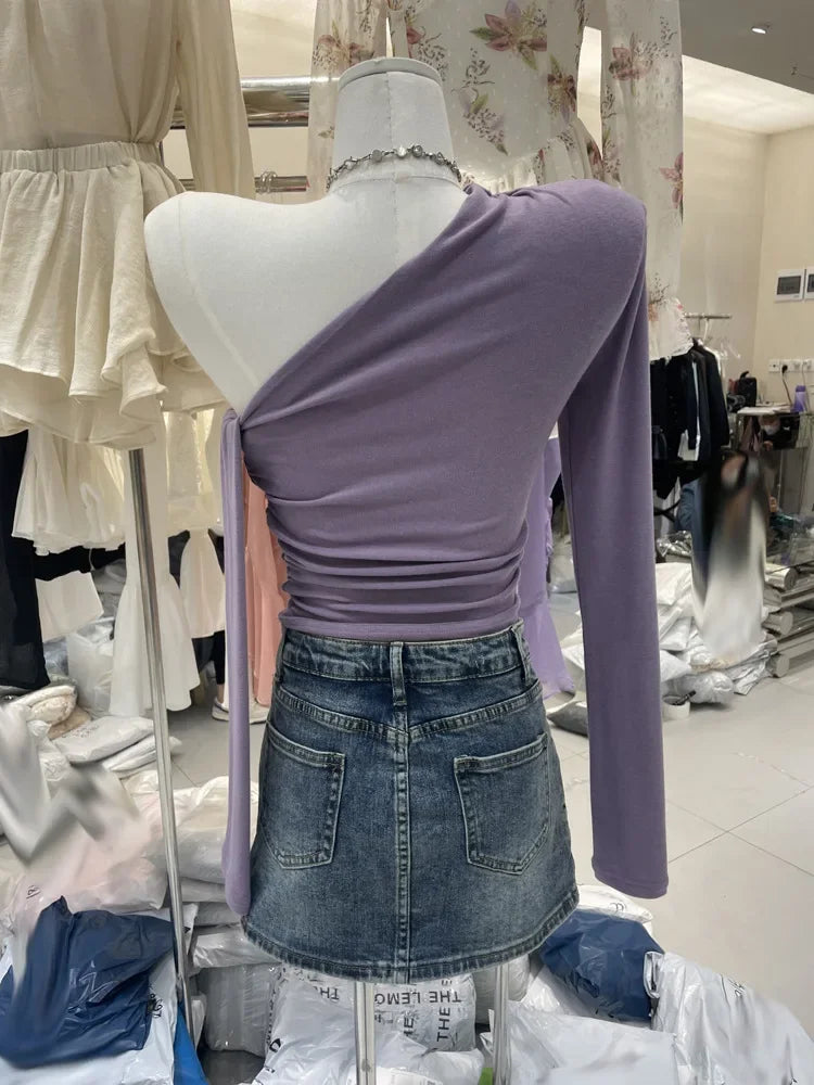 French Style Long Sleeve Slim Fit T-Shirt Women Early Autumn Design Sexy Short Length Beautiful Top Shoulder Bared Side Collar.