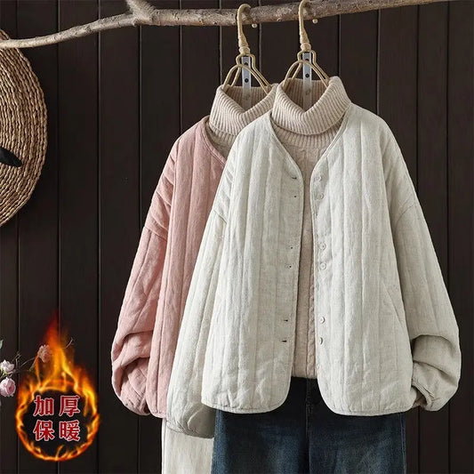 2023 Retro Kunst Winter kurze Jacke Frauen einfarbig personal isierte vielseitige lose lässige Baumwoll mantel geste ppte Tops z4260.