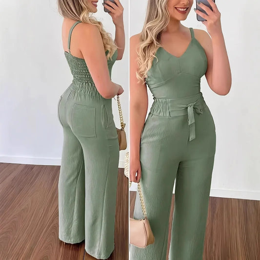 Women's fashion elegant suspender trousers set solid color casual elegant fake belt cw32369.