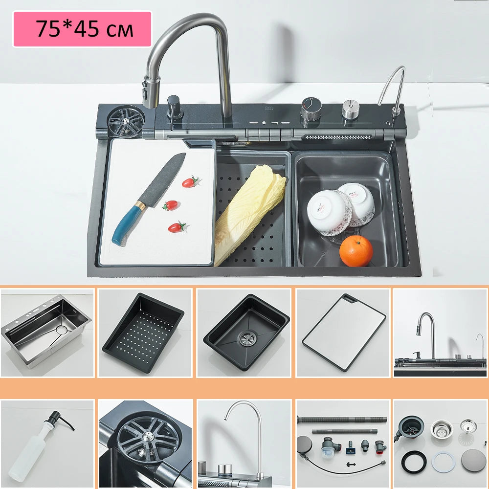 Küchenspüle aus Edelstahl 304, doppelter Wasserfall, Einzelschlitz, integrierte Digitalanzeige, Wasserhahn-Set, Seifenspender, Tassenwascher