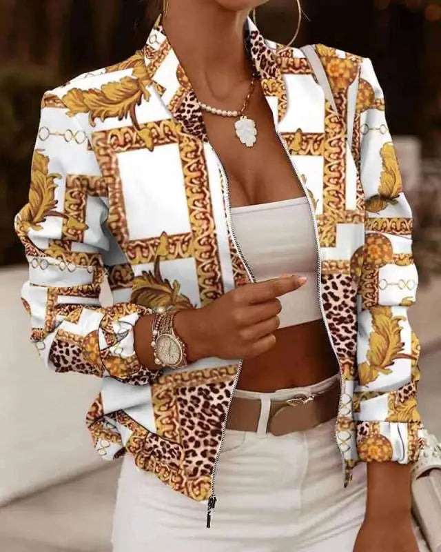 Mode Frauen Jacken Dünne Kurze Mäntel Herbst Vintage Print Lange Sleeve Zipper Dünne Jacke 2024 Casual Oberbekleidung Weibliche Jacke